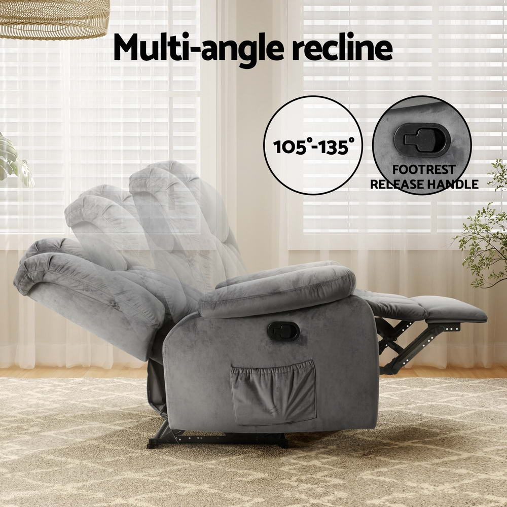 Hlpmedical Artiss electric recliner massage chair in grey velvet with heated feature, designed for relaxing lounge comfort.