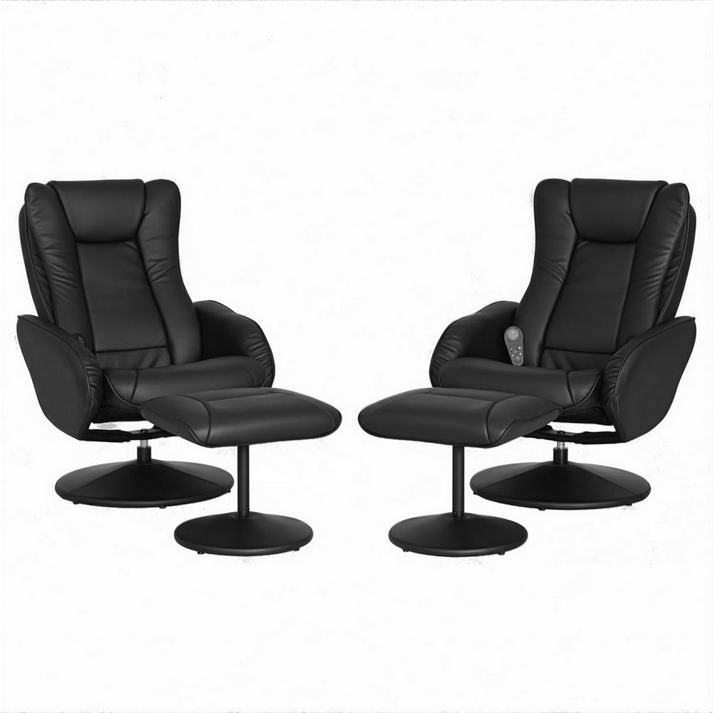 Black Artiss 2X recliner chair ottoman with heated massage feature, upholstered in PU leather, by Hlpmedical.