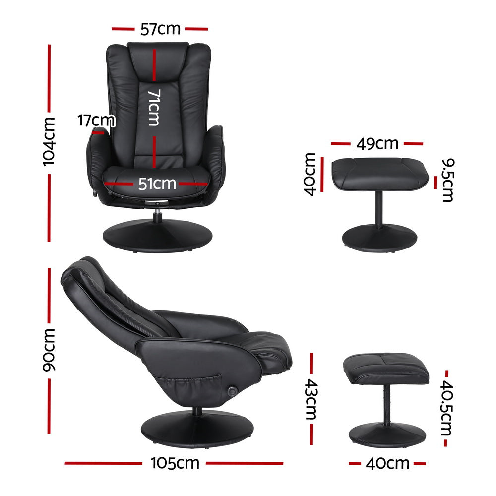 Black Artiss 2X recliner chair ottoman with heated massage feature, upholstered in plush material, from Hlpmedical.