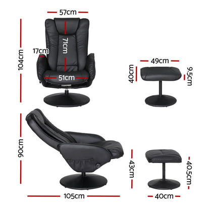 Black Artiss 2X recliner chair ottoman with heated massage feature, upholstered in plush material, from Hlpmedical.