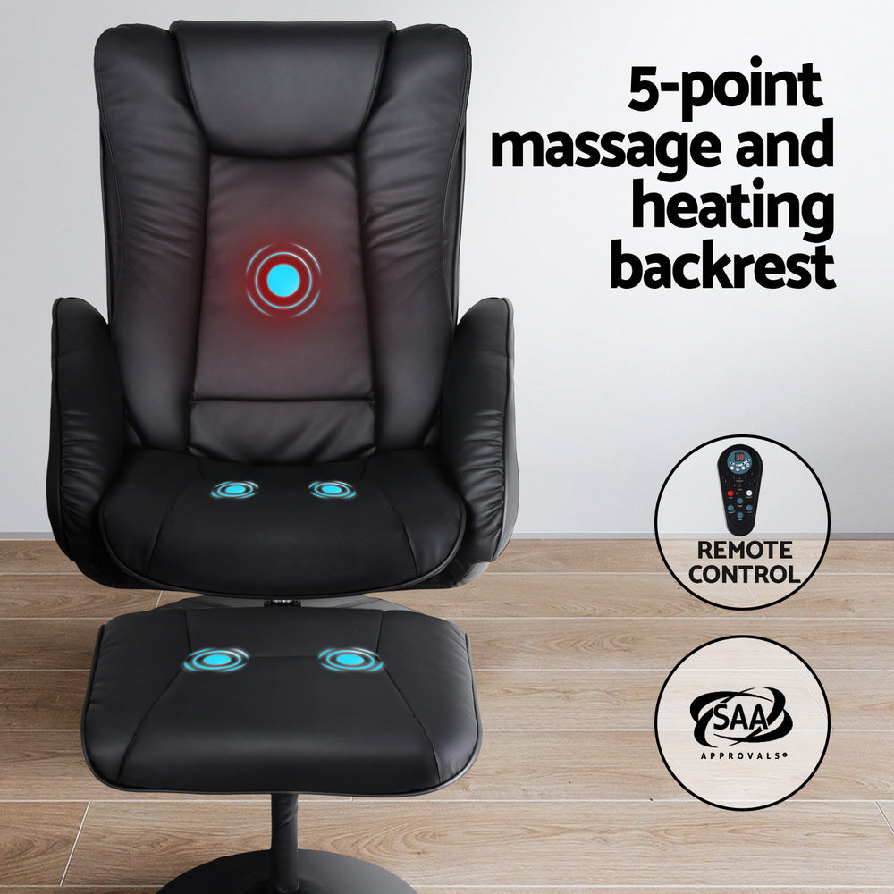 Black Artiss 2X Recliner Chair Ottoman with heated massage feature, upholstered in durable black faux leather.