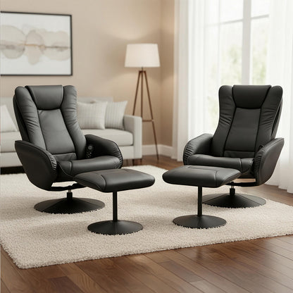 Black Artiss 2X recliner chair ottoman with heated massage feature, upholstered in soft black PU leather, ideal for relaxing.