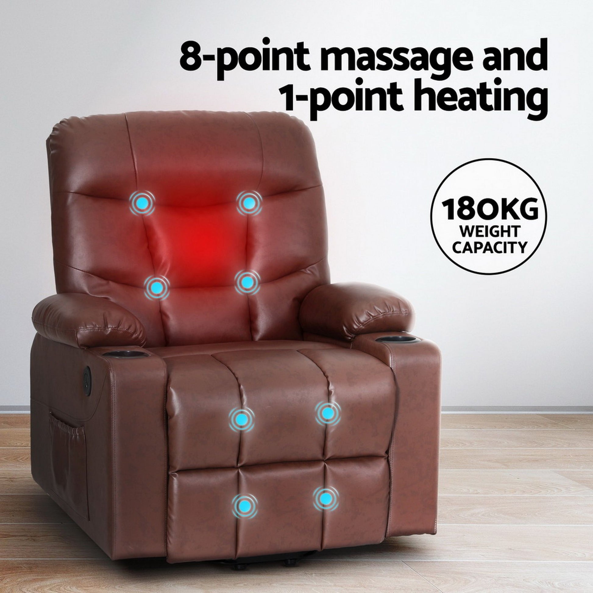Artiss heated massage recliner chair with leather upholstery, lift assist feature, designed for relaxation and comfort.