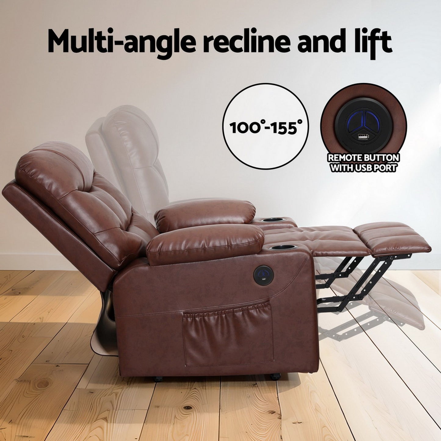 Artiss leather recliner chair with lift assist, heated massage functions, designed for comfort and relaxation.