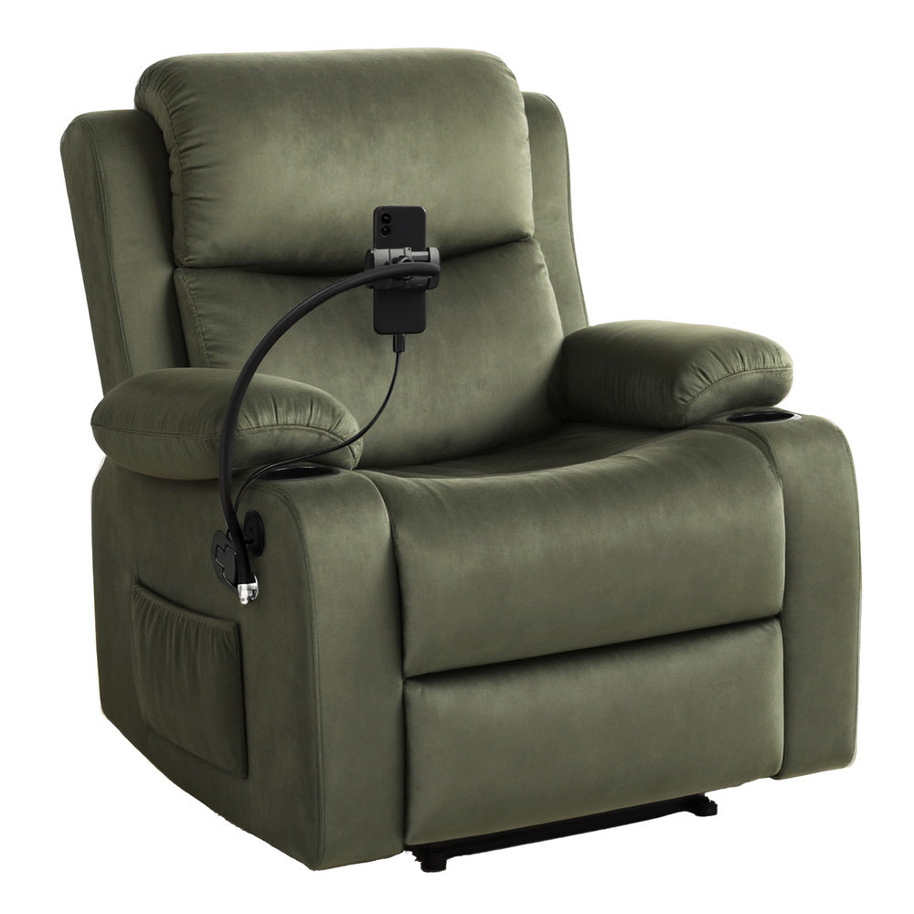 Hlpmedical Artiss heated massage recliner chair with velvet upholstery and built-in phone holder, designed for comfort and relaxation.