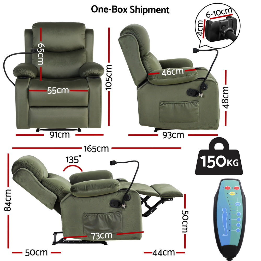 Hlpmedical Artiss heated massage recliner chair with velvet upholstery, featuring a phone holder and plush armrests.