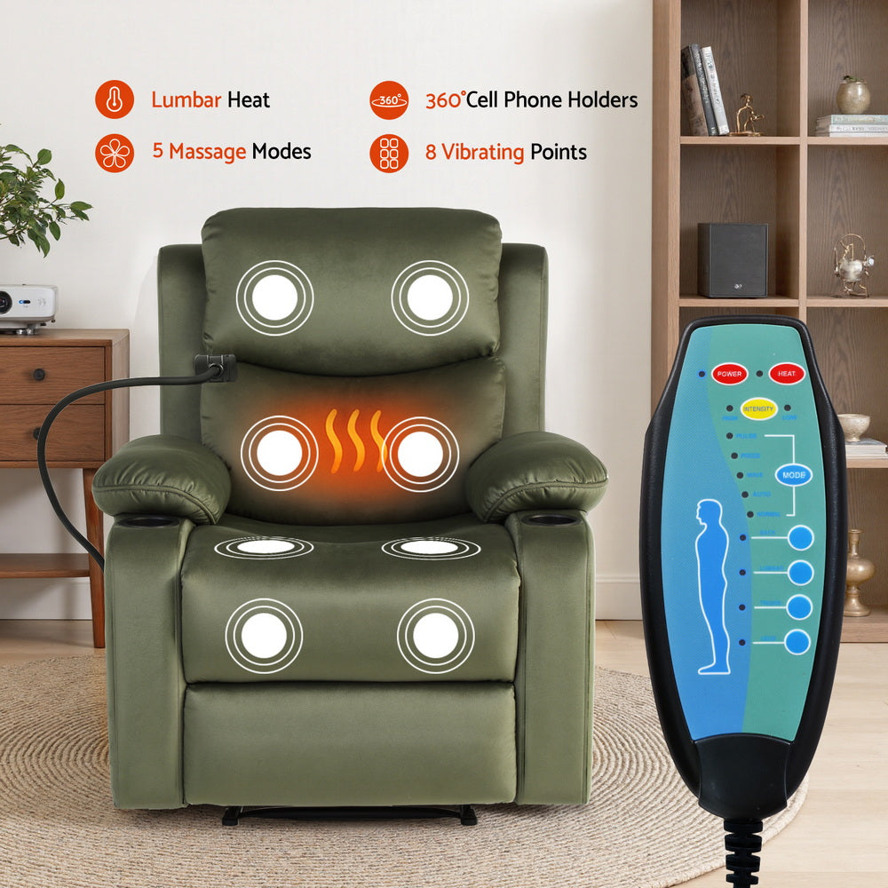 Hlpmedical Artiss heated massage recliner chair with velvet upholstery, featuring a built-in phone holder and plush armrests.
