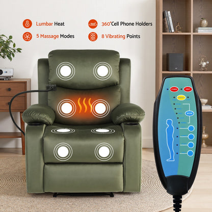 Hlpmedical Artiss heated massage recliner chair with velvet upholstery, featuring a built-in phone holder and plush armrests.