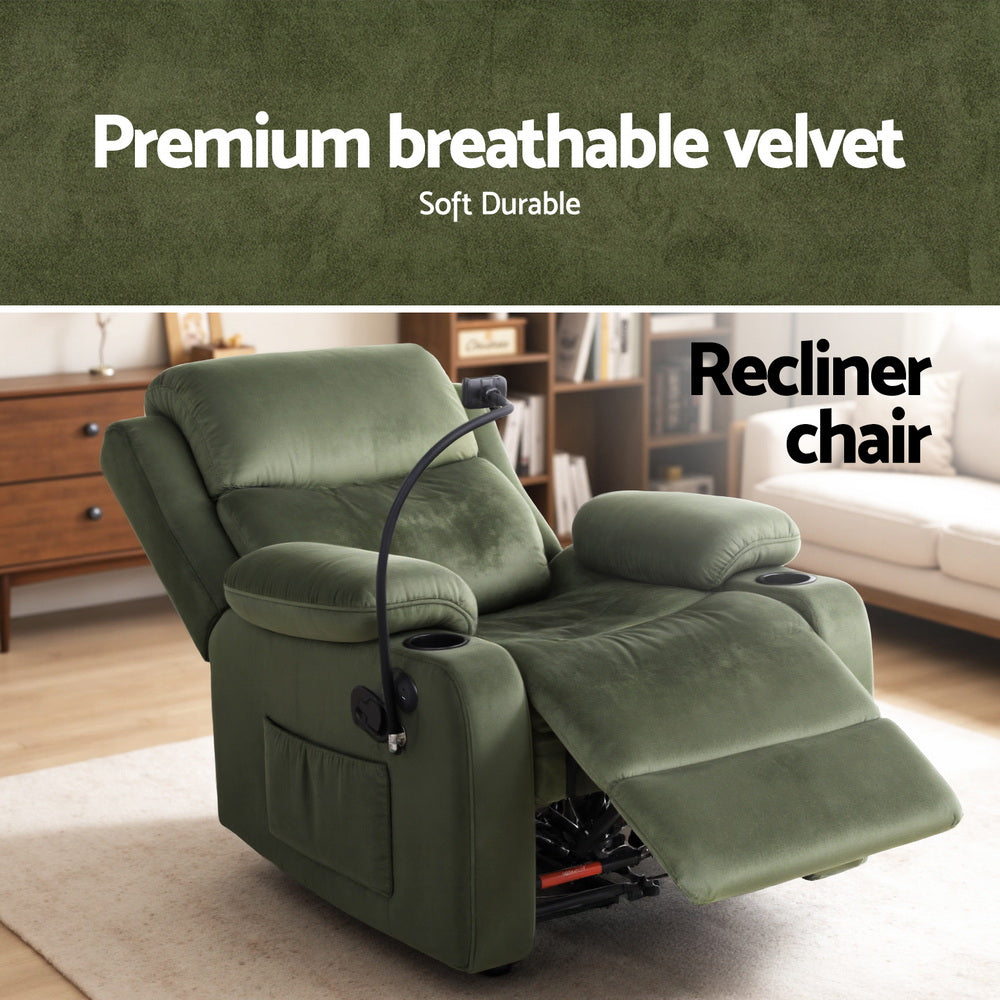 Hlpmedical Artiss heated massage recliner chair with velvet upholstery, featuring built-in phone holder and armrest for relaxation.