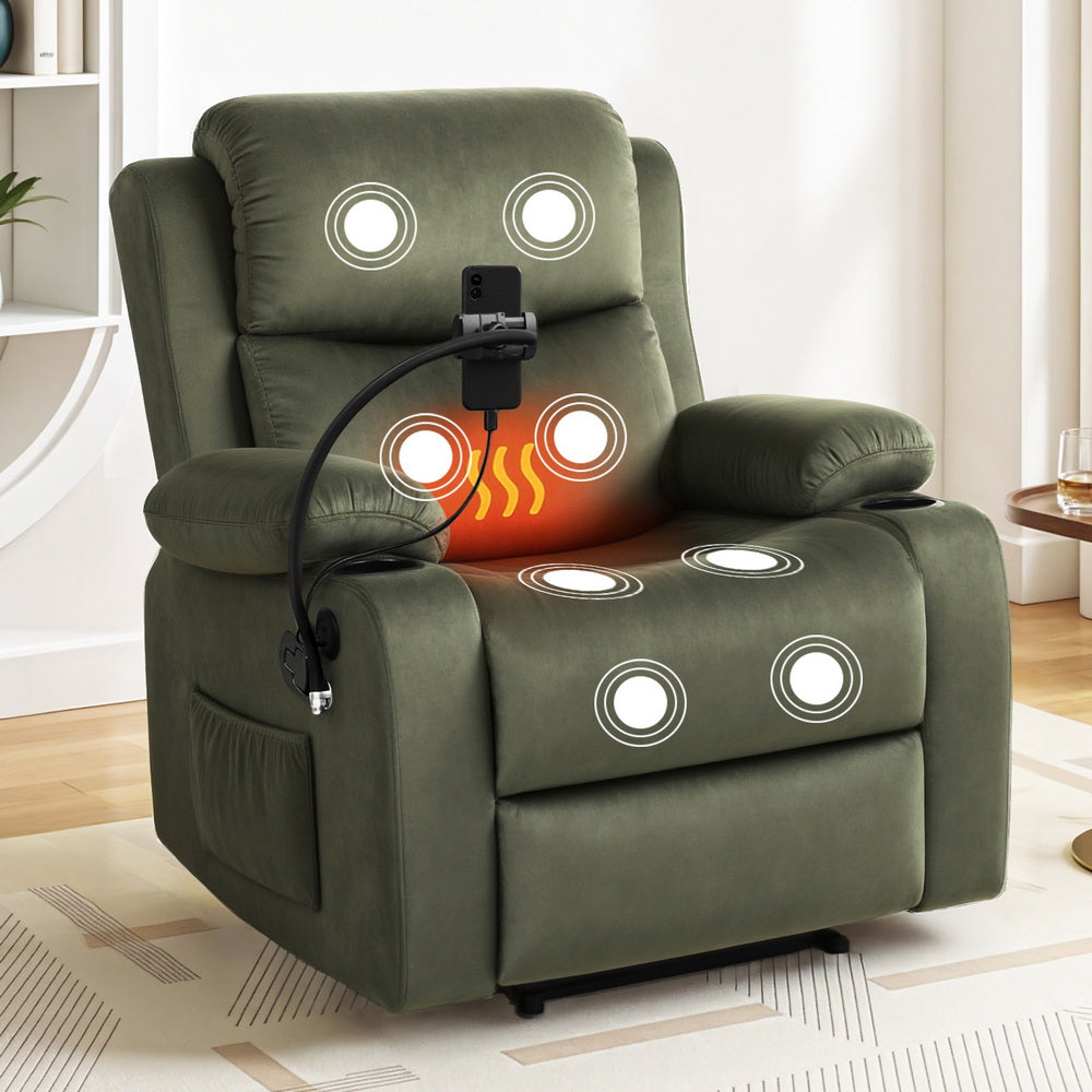 Hlpmedical Artiss heated massage recliner chair with velvet upholstery, armrest, and built-in phone holder in vibrant green fabric.