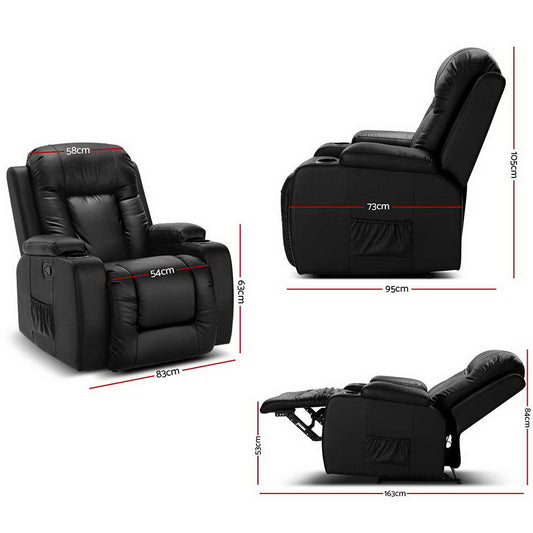 Hlpmedical Artiss recliner chair with electric heat, massage function, faux leather upholstery, black color, and ergonomic design.