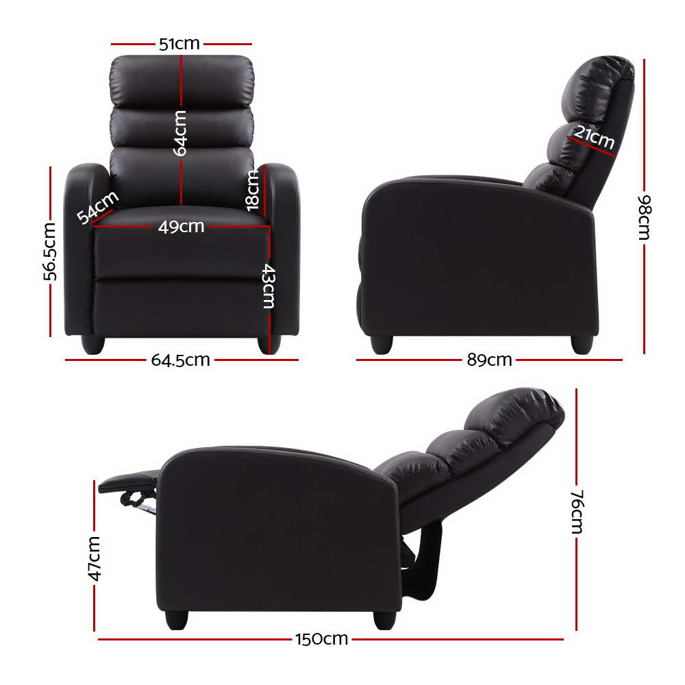 Brown faux leather Artiss recliner armchair with plush cushioning, designed for comfort and style in modern living spaces.