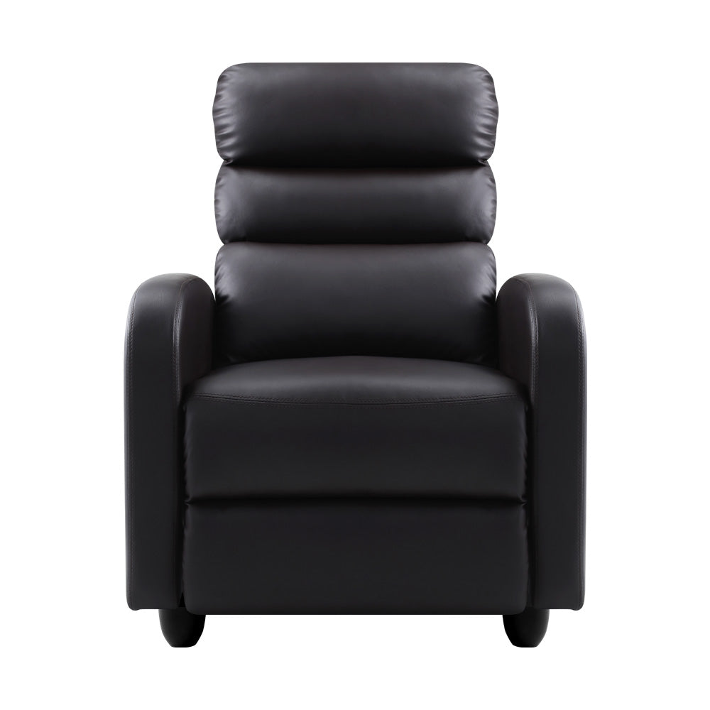 Brown Artiss recliner armchair with faux leather upholstery, featuring a comfortable design for relaxing seating.
