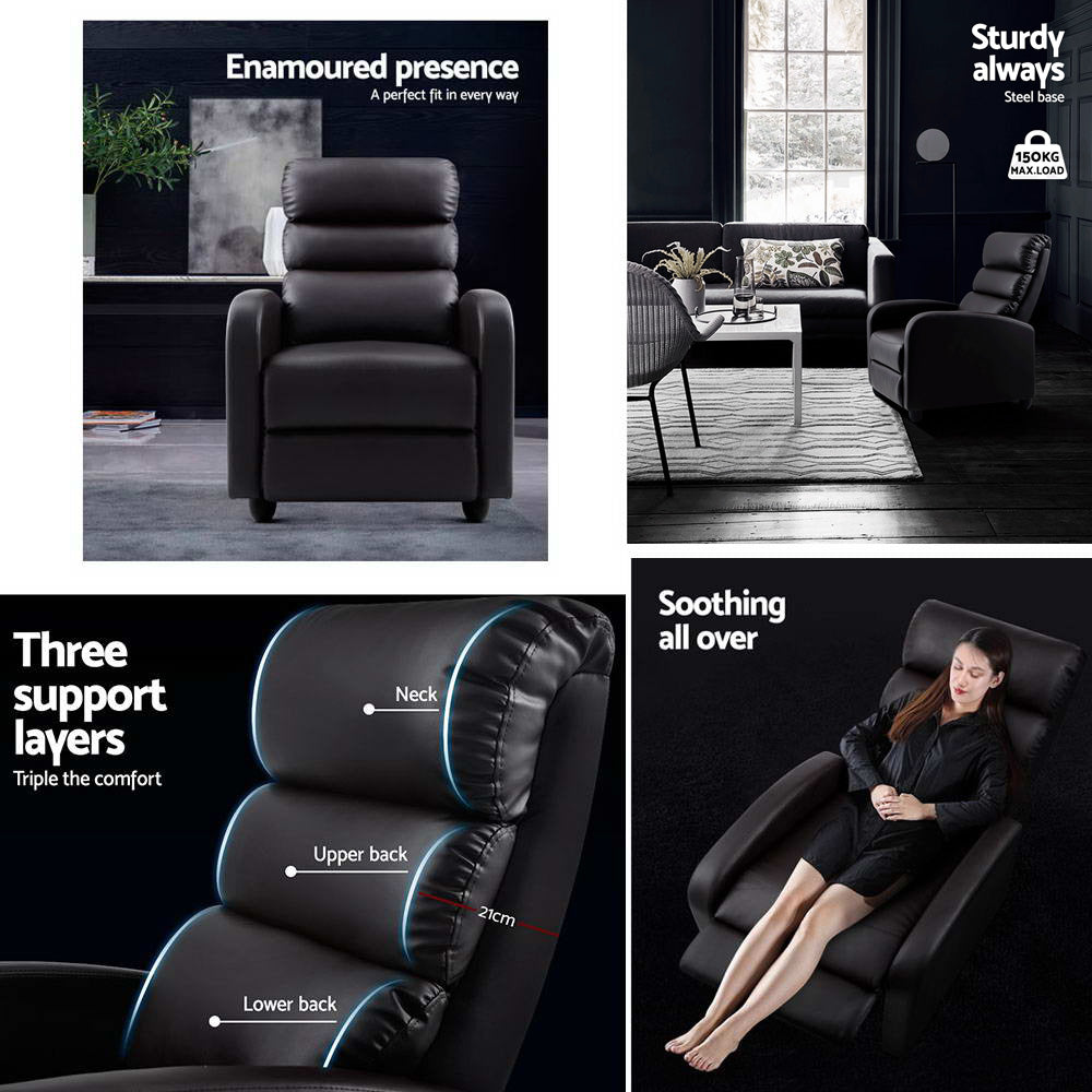 Brown Artiss recliner armchair with faux leather upholstery, featuring a comfortable, modern design for living room seating.