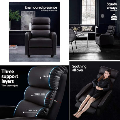 Brown Artiss recliner armchair with faux leather upholstery, featuring a comfortable, modern design for living room seating.