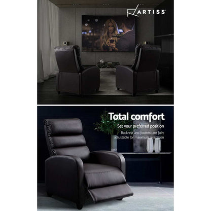 Brown faux leather Artiss recliner armchair with plush cushioning and sturdy frame, perfect for relaxing in a modern living space.