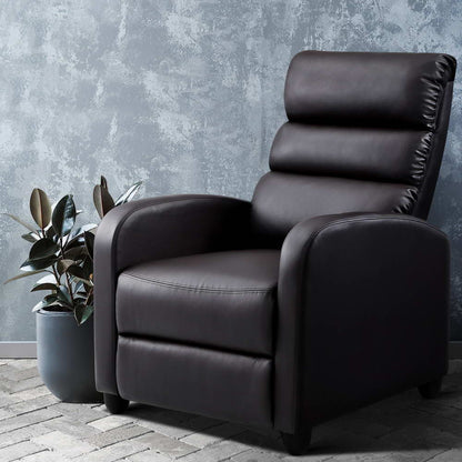 Brown faux leather Artiss recliner armchair with plush cushioning and wooden legs, ideal for comfortable seating in living rooms.