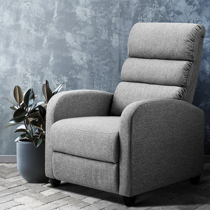 Grey fabric Artiss recliner armchair with padded armrests and plush cushioning, perfect for comfortable seating in modern living rooms.