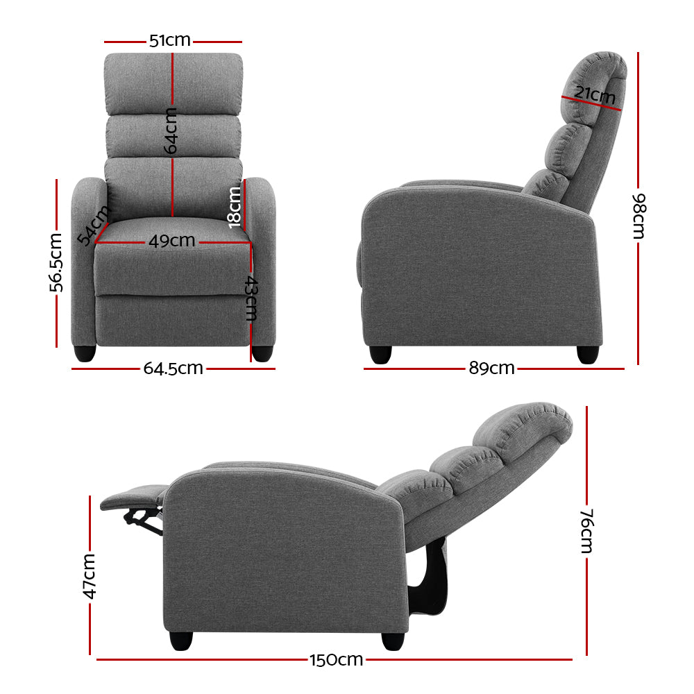 Gray Artiss recliner armchair with plush fabric upholstery, featuring a comfortable, modern design for relaxing seating.