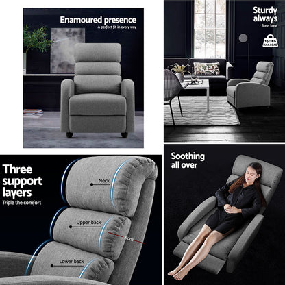 Grey fabric Artiss recliner armchair with padded armrests and modern design, perfect for relaxing living room seating.