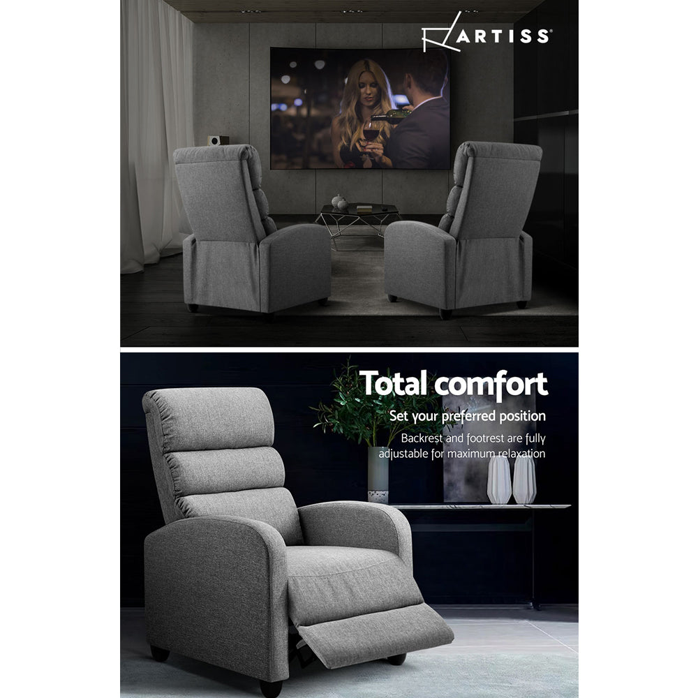 Grey Artiss recliner armchair with fabric upholstery, featuring a comfortable design for living room relaxation.