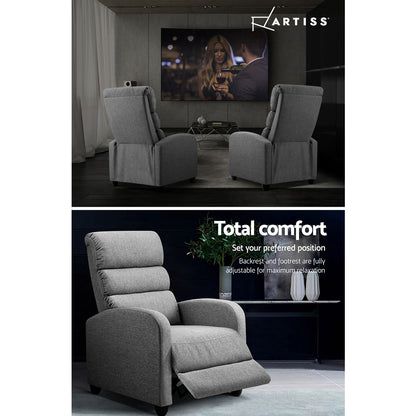 Grey Artiss recliner armchair with fabric upholstery, featuring a comfortable design for living room relaxation.