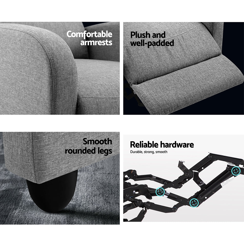 Gray Artiss Recliner Armchair with fabric upholstery, modern design, and comfortable cushioning for relaxing seating.