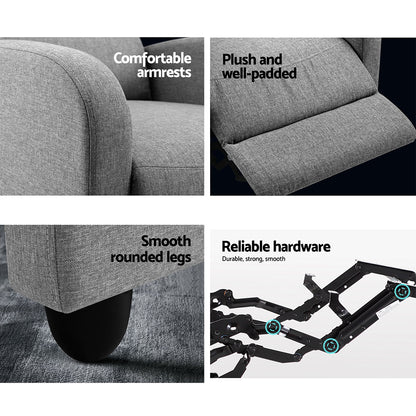 Gray Artiss Recliner Armchair with fabric upholstery, modern design, and comfortable cushioning for relaxing seating.