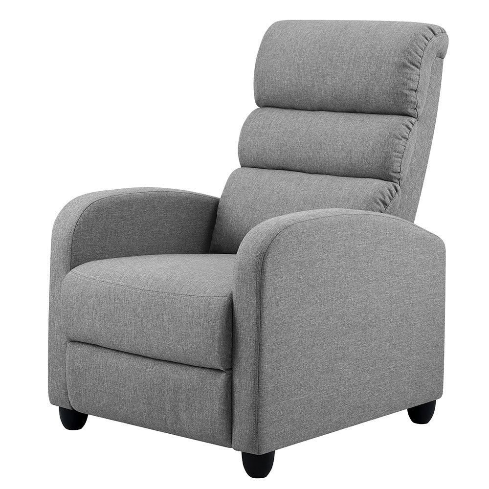 Grey Artiss recliner armchair with fabric upholstery, featuring a comfortable design for living room or lounge seating.