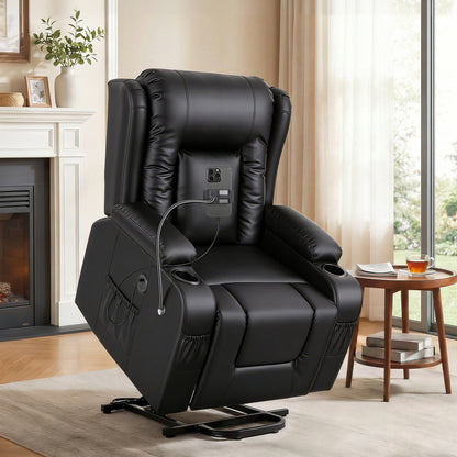Black Artiss Power Lift Recliner Chair by Hlpmedical with massage, heat, USB port, phone holder, cup holders, and storage pockets.