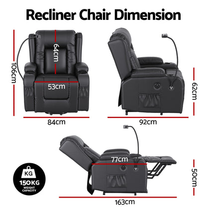 Hlpmedical Artiss power lift recliner chair in black PU leather with massage, heat, USB port, phone holder, cup holders, and pockets.