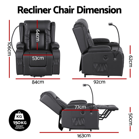 Hlpmedical Artiss power lift recliner chair in black PU leather with massage, heat, USB port, phone holder, cup holders, and pockets.