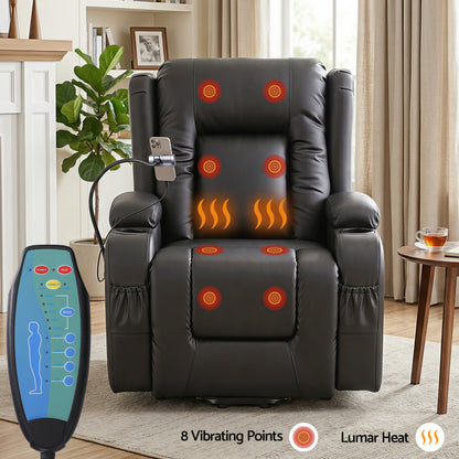 Hlpmedical Artiss power lift recliner chair in black with massage, heat, USB port, phone holder, cup holders, and pockets.