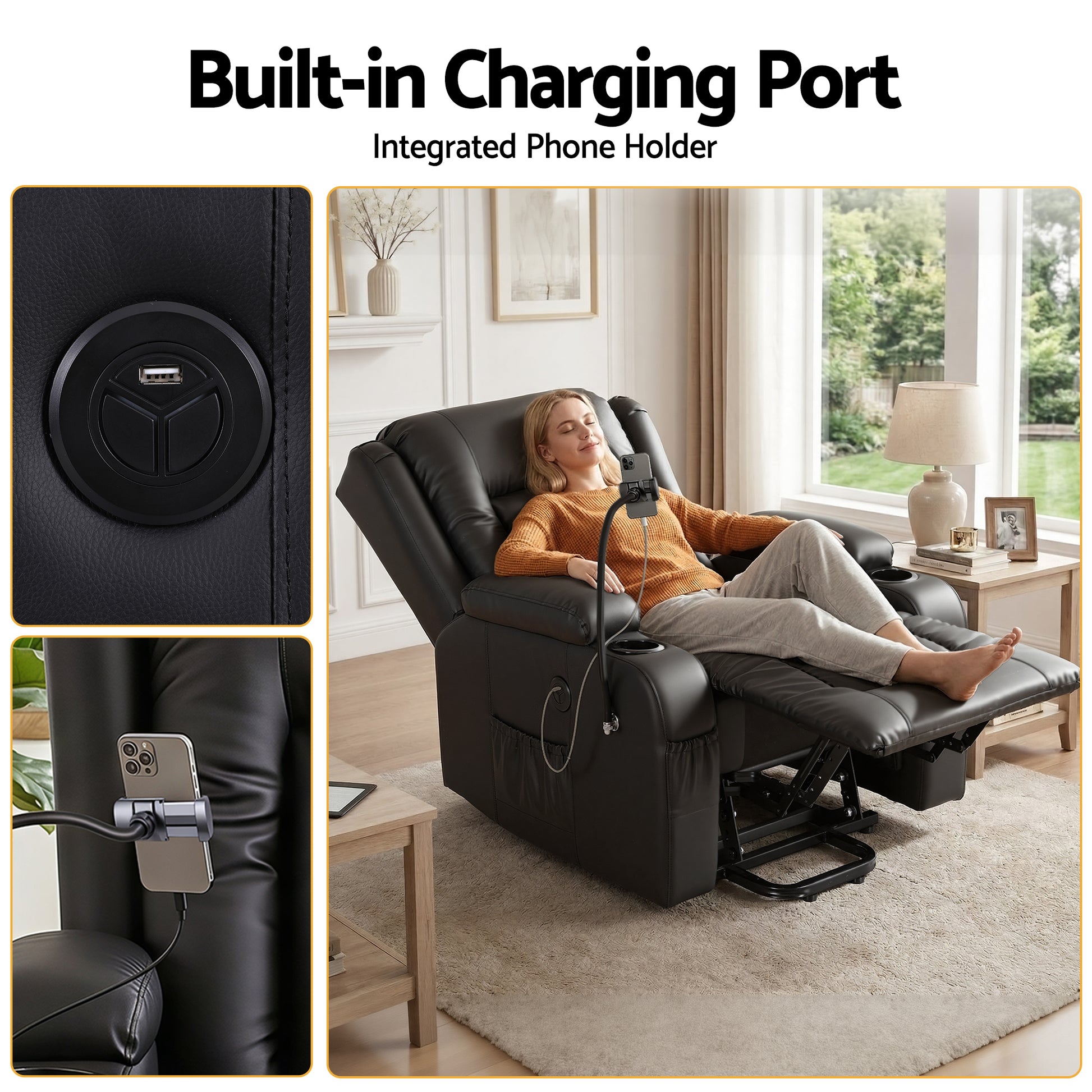 Hlpmedical Artiss power lift recliner chair in black with massage, heat, USB port, phone holder, cup holders, and armrest pockets.