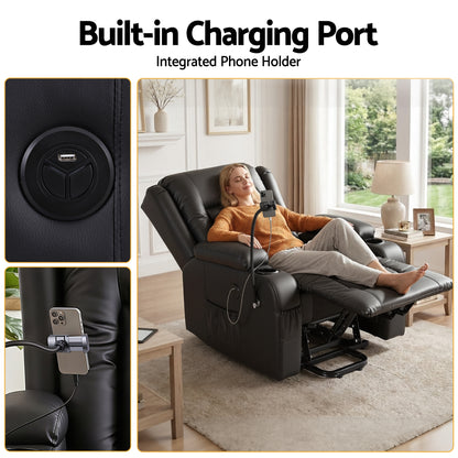 Hlpmedical Artiss power lift recliner chair in black with massage, heat, USB port, phone holder, cup holders, and armrest pockets.