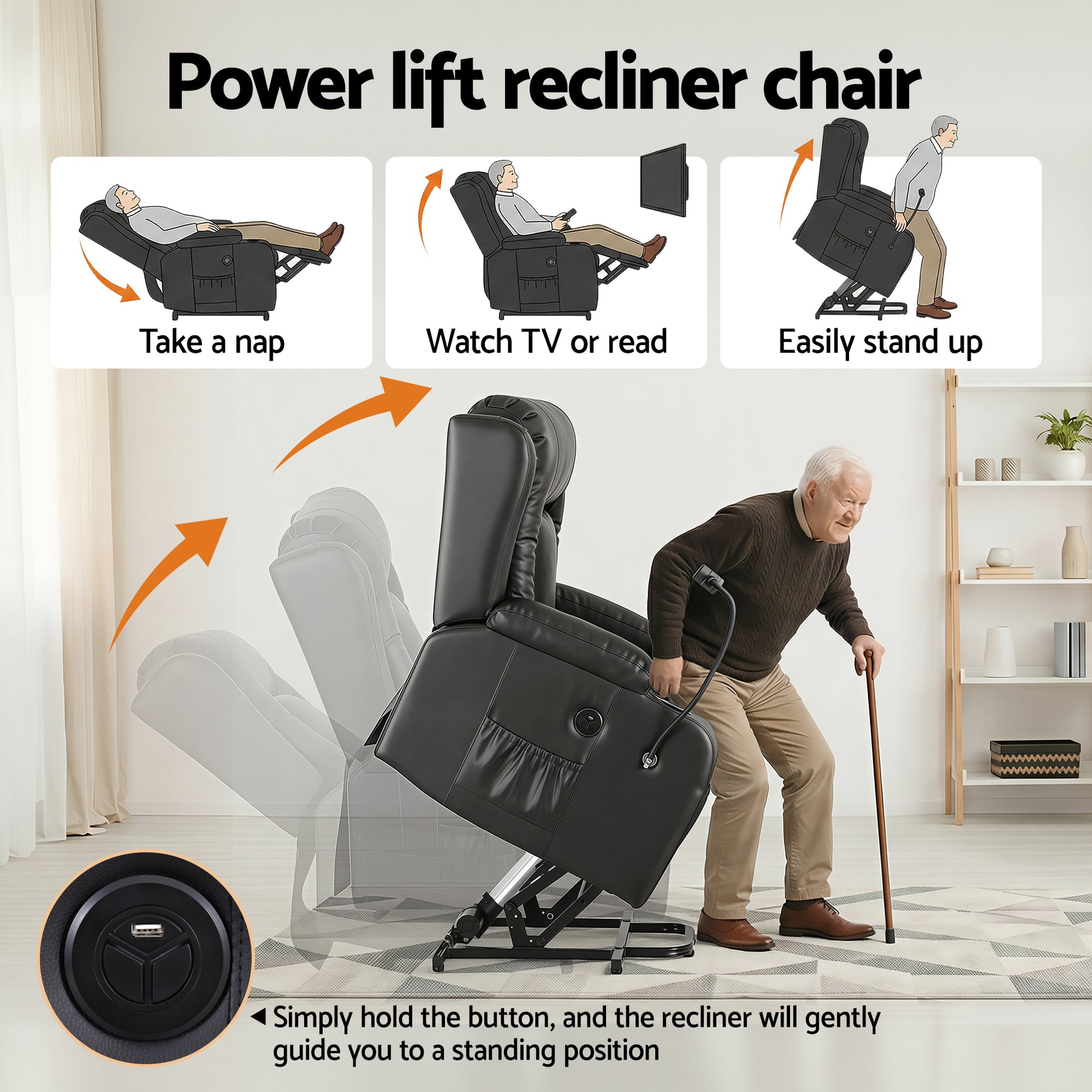 Black Artiss power lift recliner chair with massage, heat, USB port, phone holder, cup holders, and storage pockets.