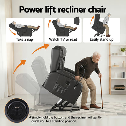 Black Artiss power lift recliner chair with massage, heat, USB port, phone holder, cup holders, and storage pockets.
