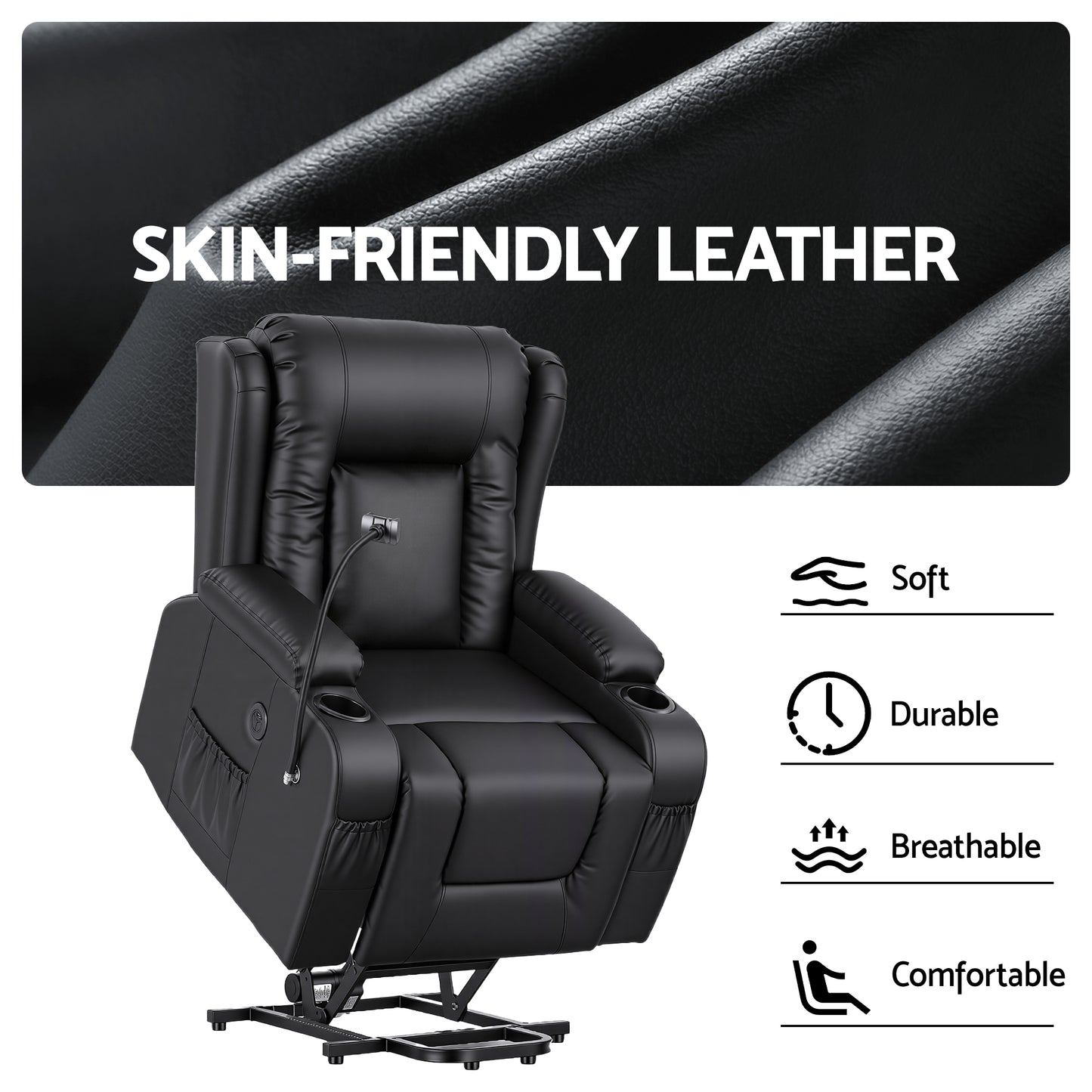 Hlpmedical Artiss power lift recliner chair with massage, heat, USB port, phone holder, cup holders, and pockets in black PU leather.
