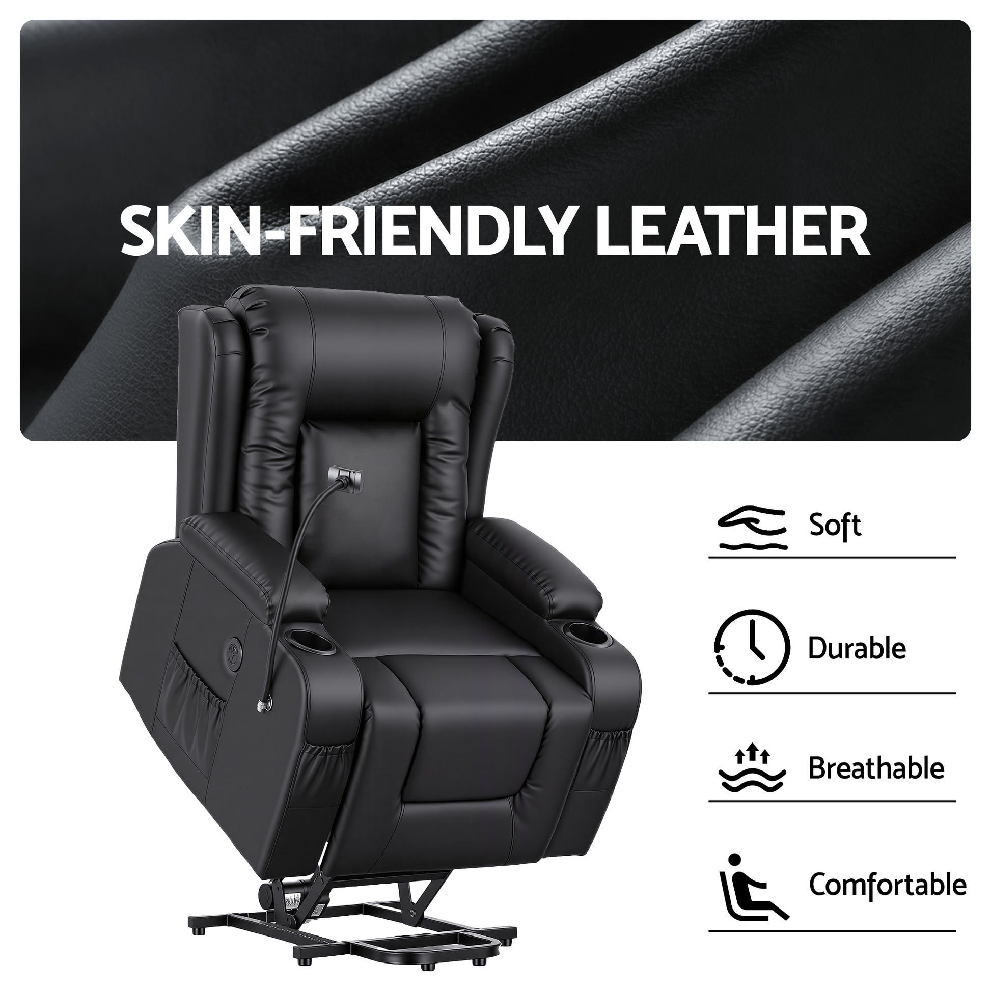 Hlpmedical Artiss power lift recliner chair with massage, heat, USB port, phone holder, cup holders, and pockets in black PU leather.