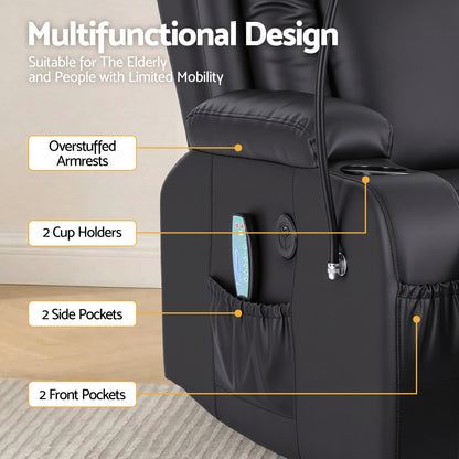 Hlpmedical Artiss power lift recliner chair in black with massage, heat, USB port, phone holder, cup holders, and plush armrests.