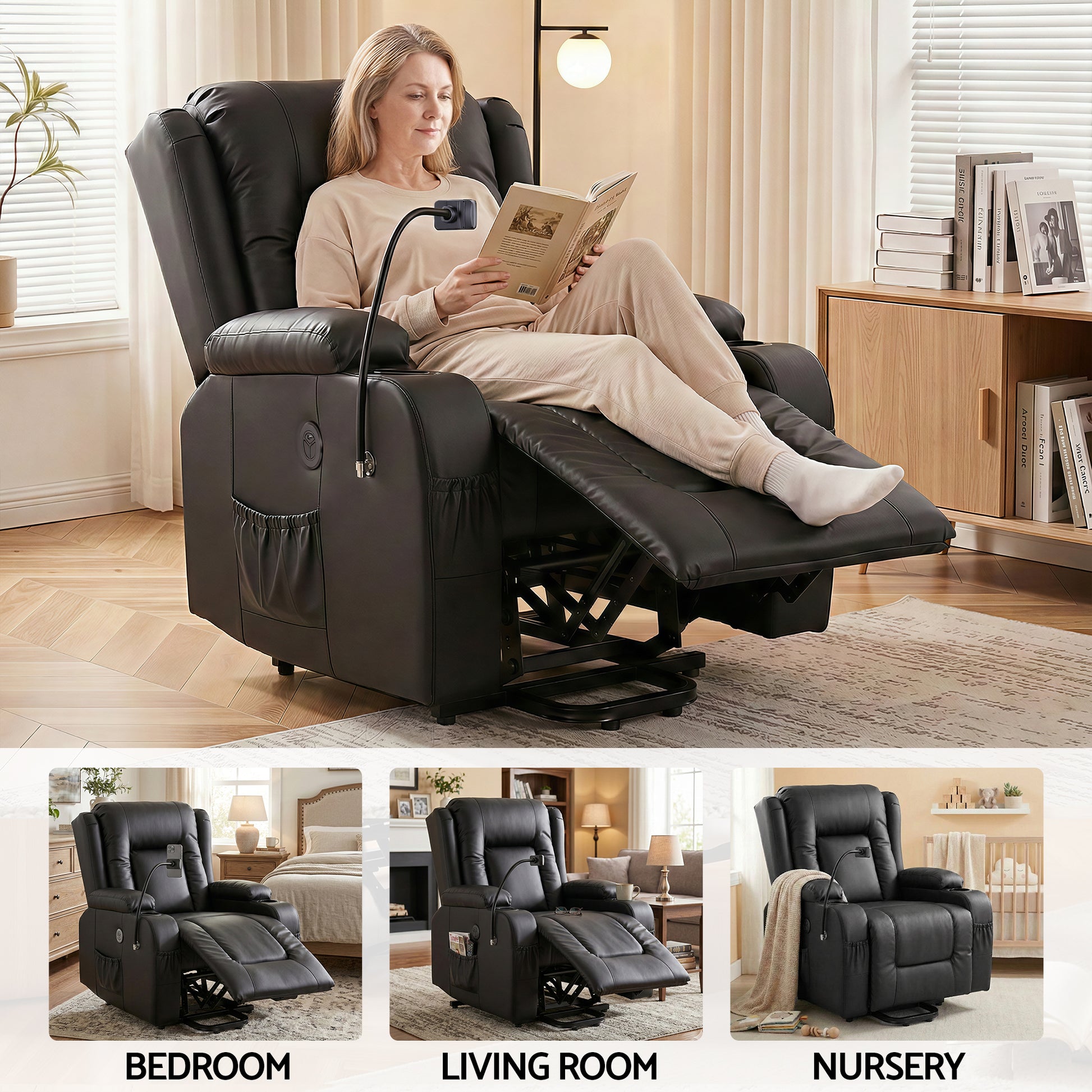 Black Artiss Power Lift Recliner chair with massage, heat, USB, phone holder, cup holders, and pockets, comfortable living room armchair.