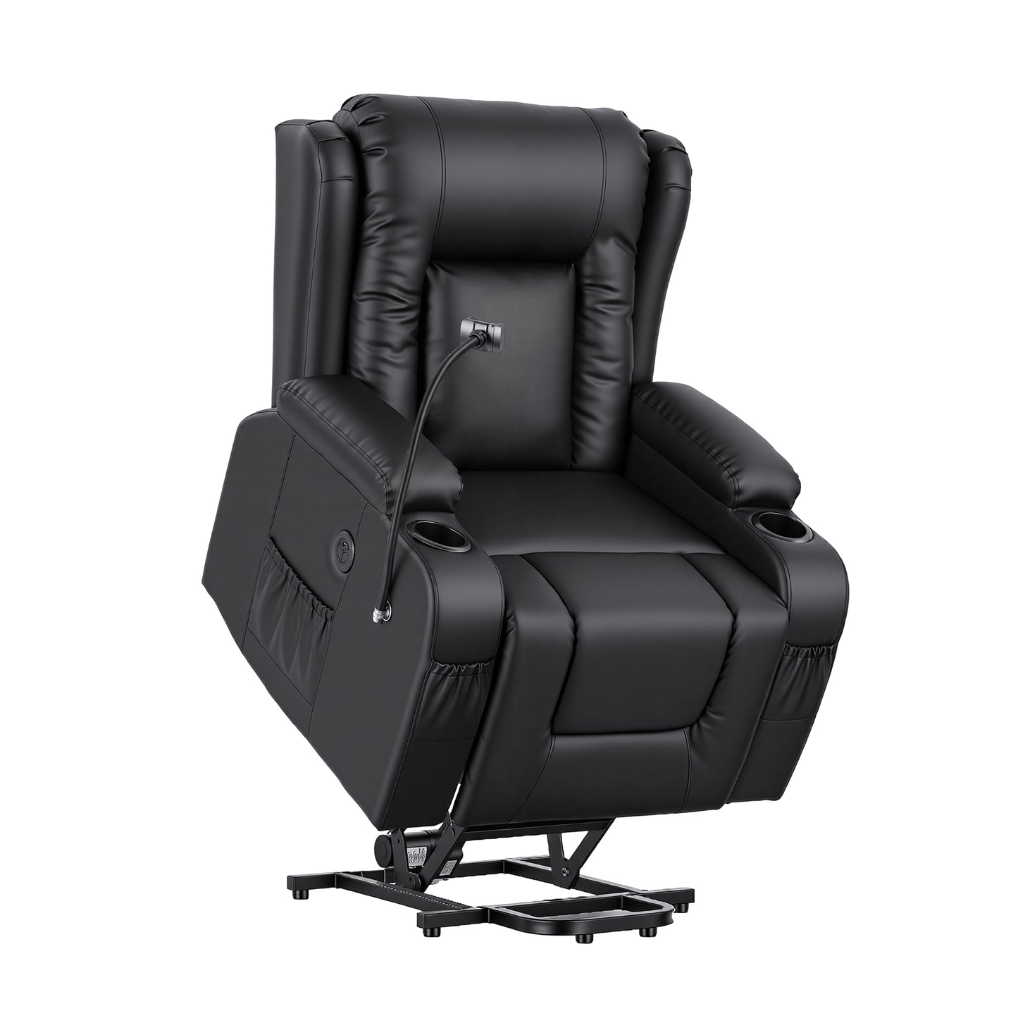 Hlpmedical Artiss power lift recliner chair with massage, heat, USB, phone holder, black PU leather armchair for living room comfort.