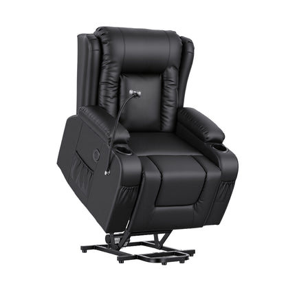 Hlpmedical Artiss power lift recliner chair with massage, heat, USB, phone holder, black PU leather armchair for living room comfort.