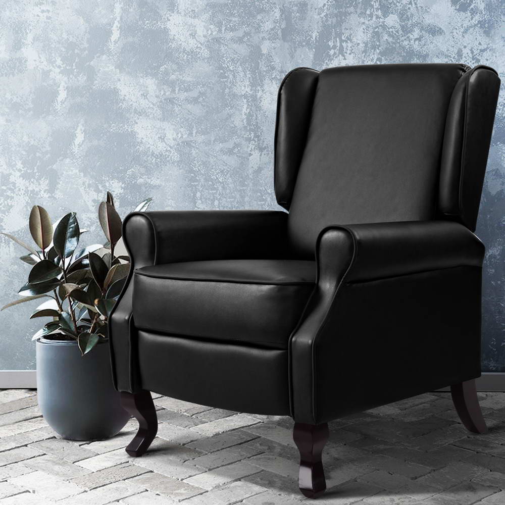Black Artiss recliner armchair with faux leather upholstery, featuring a comfortable, padded design for relaxing seating.