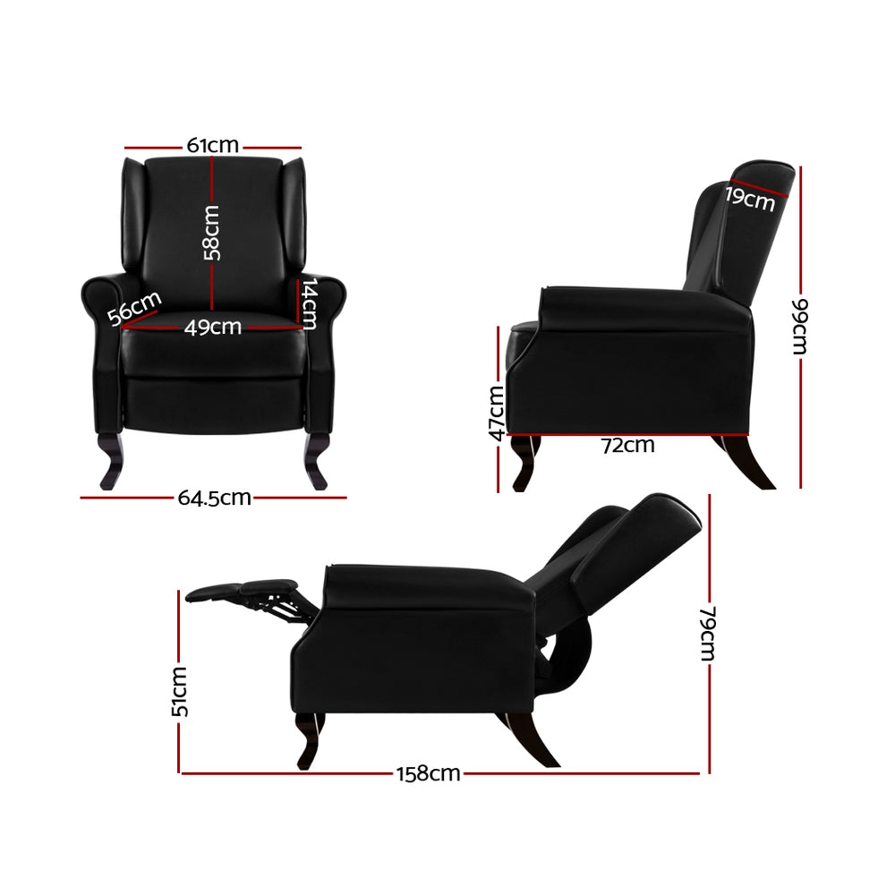 Black Artiss recliner armchair with faux leather upholstery, featuring a comfortable, modern design for living room seating.