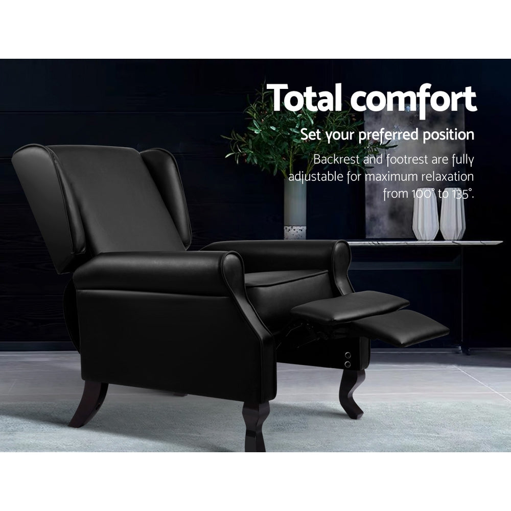 Black Artiss Recliner Armchair with faux leather upholstery, featuring a comfortable, adjustable design for modern living spaces.
