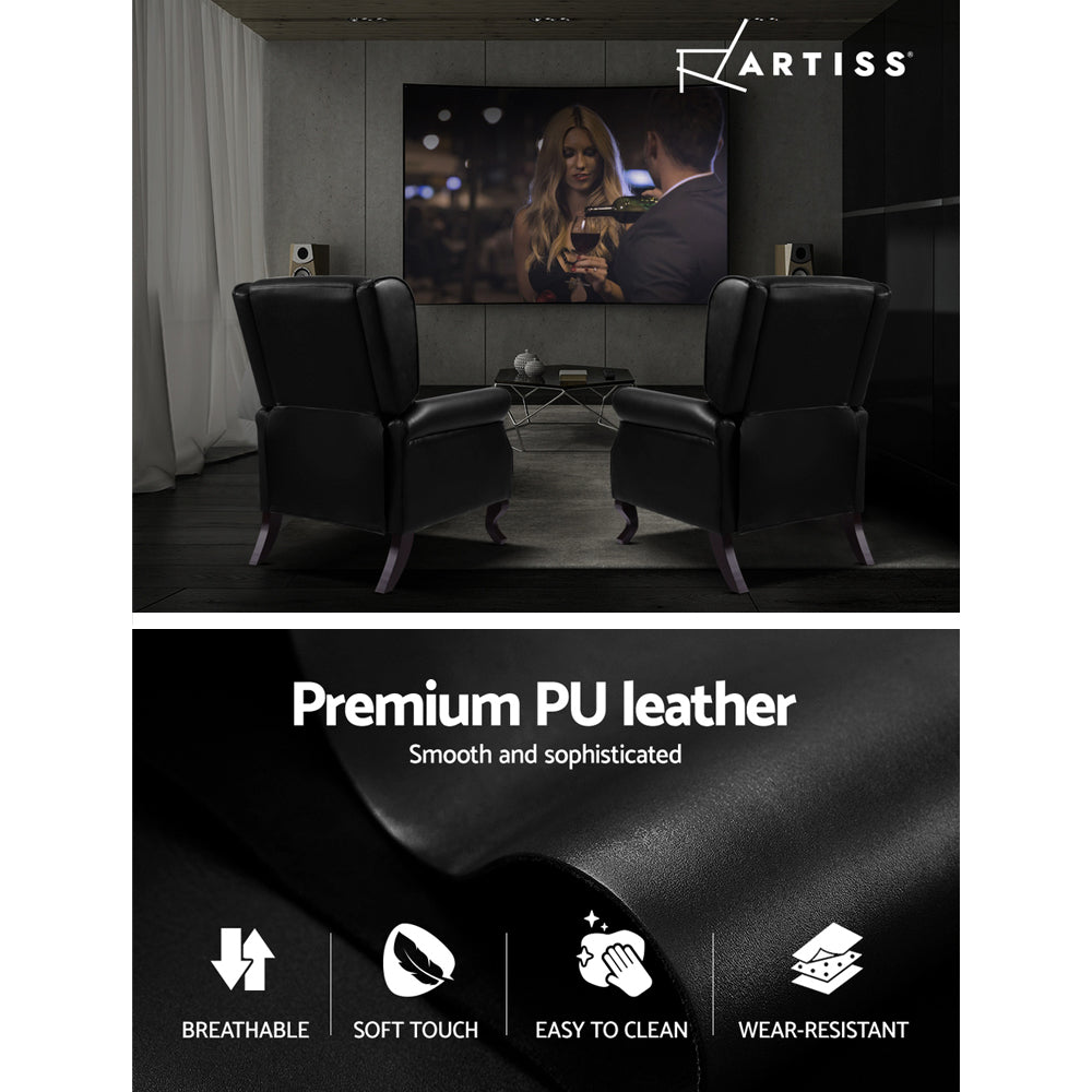 Black Artiss recliner armchair made of faux leather with a comfortable, plush design for relaxing seating.