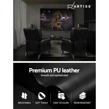 Black Artiss recliner armchair made of faux leather with a comfortable, plush design for relaxing seating.