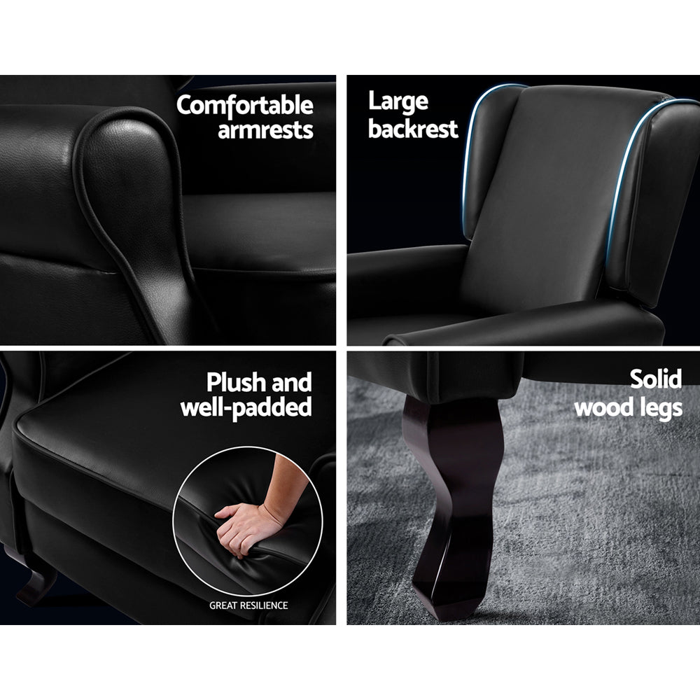 Black Artiss Domini recliner armchair with faux leather upholstery, featuring a comfortable, modern design for living room seating.
