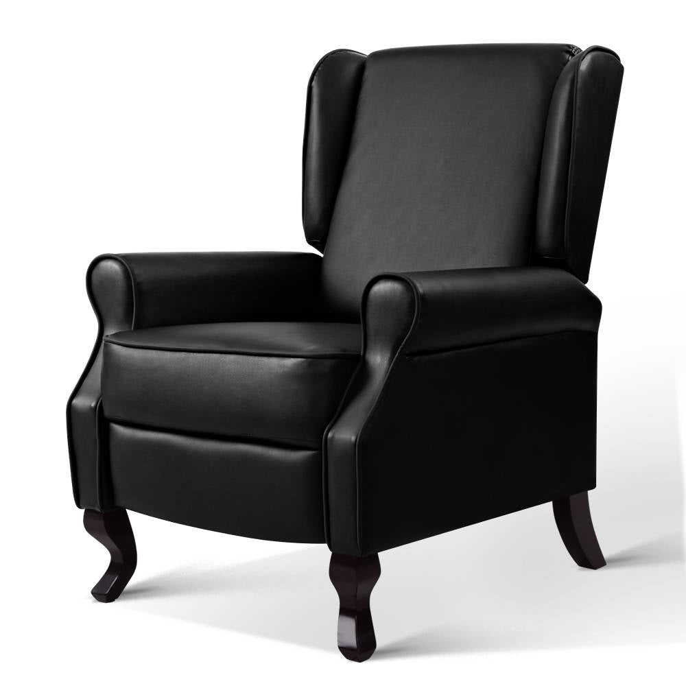 Black Artiss recliner armchair with faux leather upholstery, featuring a comfortable, modern design for living room relaxation.